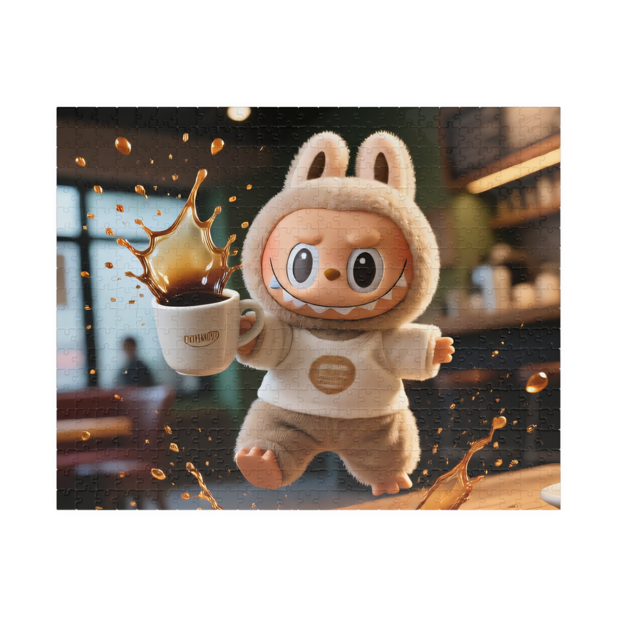 Labubu "Coffee Disaster" Jigsaw Puzzle – Funny Spilled Coffee Labubu Design – Relatable Art Puzzle A colorful jigsaw puzzle featuring a humorous spilled coffee scene in the Labubu style, showcasing a chaotic yet charming design that captures the relatable frustration of coffee mishaps.