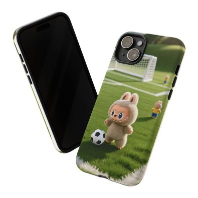 A colorful phone case featuring a playful bunny holding a soccer ball, designed for kids and sports enthusiasts