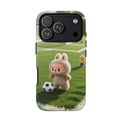 A colorful phone case featuring a playful bunny holding a soccer ball, designed for kids and sports lovers