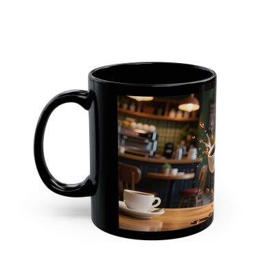 Black ceramic mug with vibrant Labubu café scene illustration