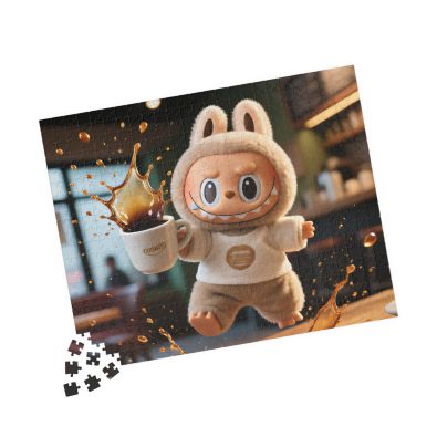 A colorful jigsaw puzzle featuring a humorous spilled coffee scene by Labubu