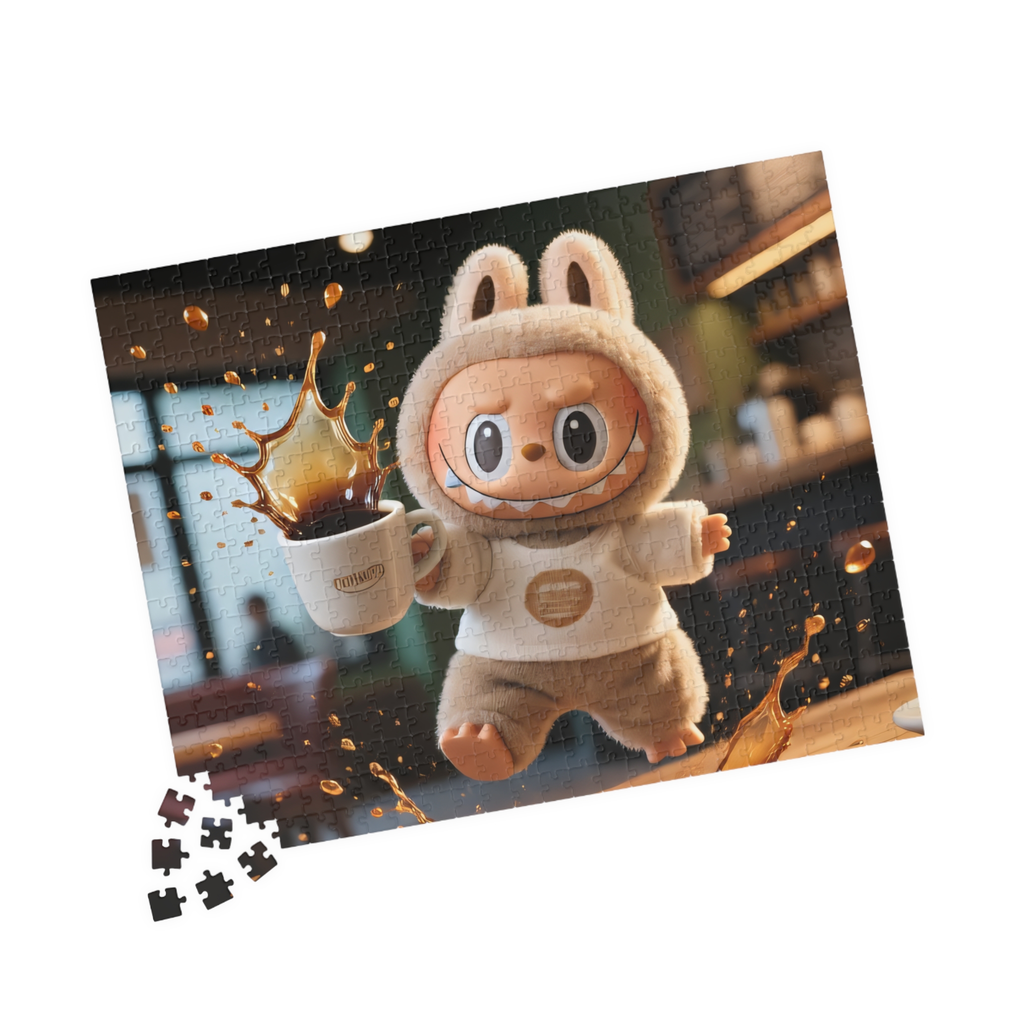 Labubu "Coffee Disaster" Jigsaw Puzzle – Funny Spilled Coffee Design A colorful jigsaw puzzle featuring a humorous spilled coffee scene by Labubu