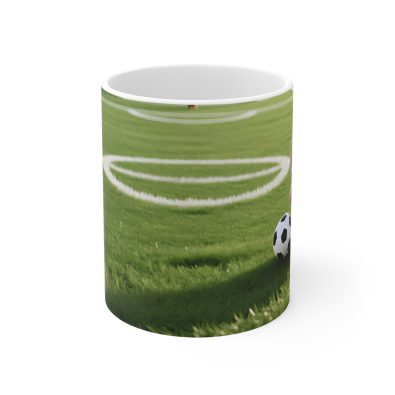A plush bunny-shaped mug featuring a soccer field design, perfect for coffee or tea