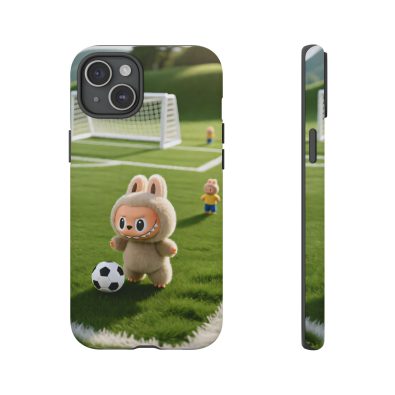 A colorful phone case featuring a playful bunny holding a soccer ball, designed for kids' phones