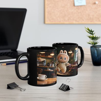 Black ceramic mug featuring a vibrant Labubu café scene illustration