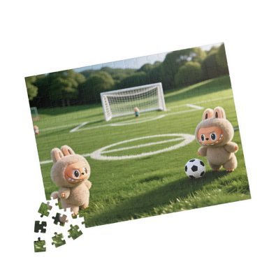 A colorful jigsaw puzzle featuring adorable animal characters playing soccer, designed for children