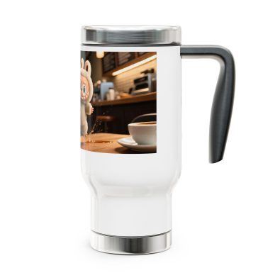 A 14-ounce insulated stainless steel travel mug featuring a humorous Labubu Coffee Shop mishap design and a sturdy handle