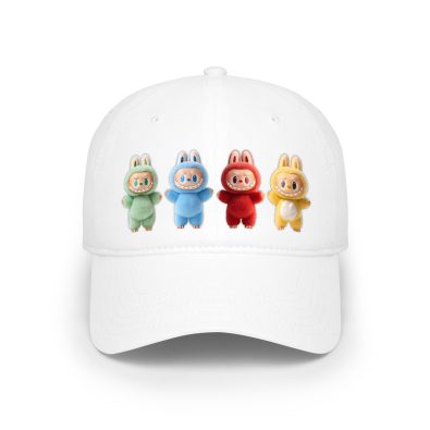 Labubu Coffee Chaos Squad multi‑character hat in bright red, yellow, blue and green colors