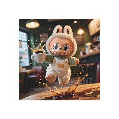 A square magnet featuring a clumsy monster holding a coffee cup, with the words 'Coffee Splash' in bold lettering, designed for fridge decoration