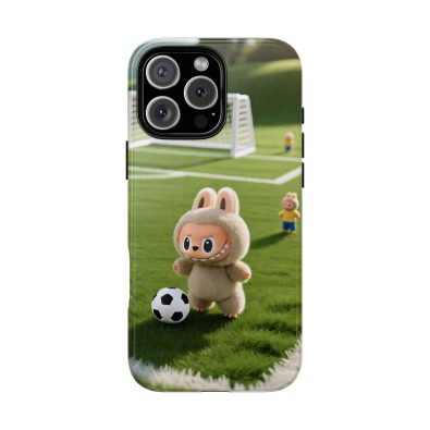 A colorful phone case featuring a playful bunny holding a soccer ball, designed for kids and sports enthusiasts