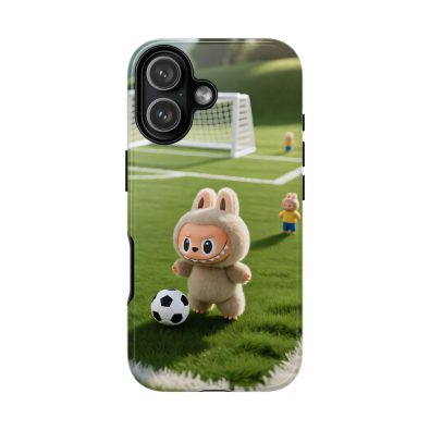 A colorful phone case featuring a playful bunny holding a soccer ball, designed for children