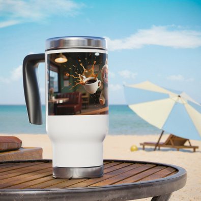 A 14-ounce insulated stainless steel travel mug featuring a humorous Labubu Coffee Shop mishap design and a sturdy handle