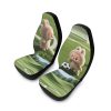 A set of colorful soccer-themed car seat covers in polyester fabric, featuring a cute cartoon ball design and easy-to-install straps for front seats.