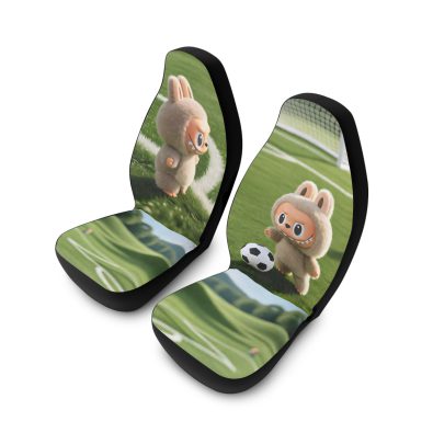A set of colorful soccer-themed car seat covers in polyester fabric, featuring a cute cartoon ball design and easy-to-install straps for front seats.