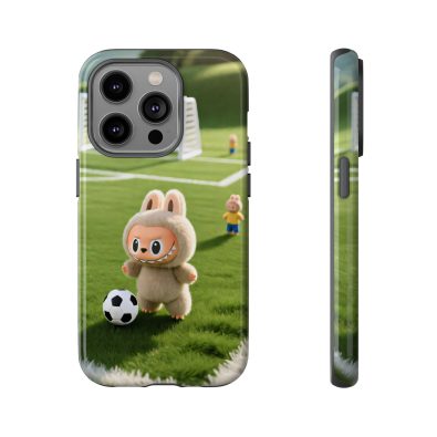 A colorful phone case featuring a playful bunny holding a soccer ball, designed for kids and sports enthusiasts