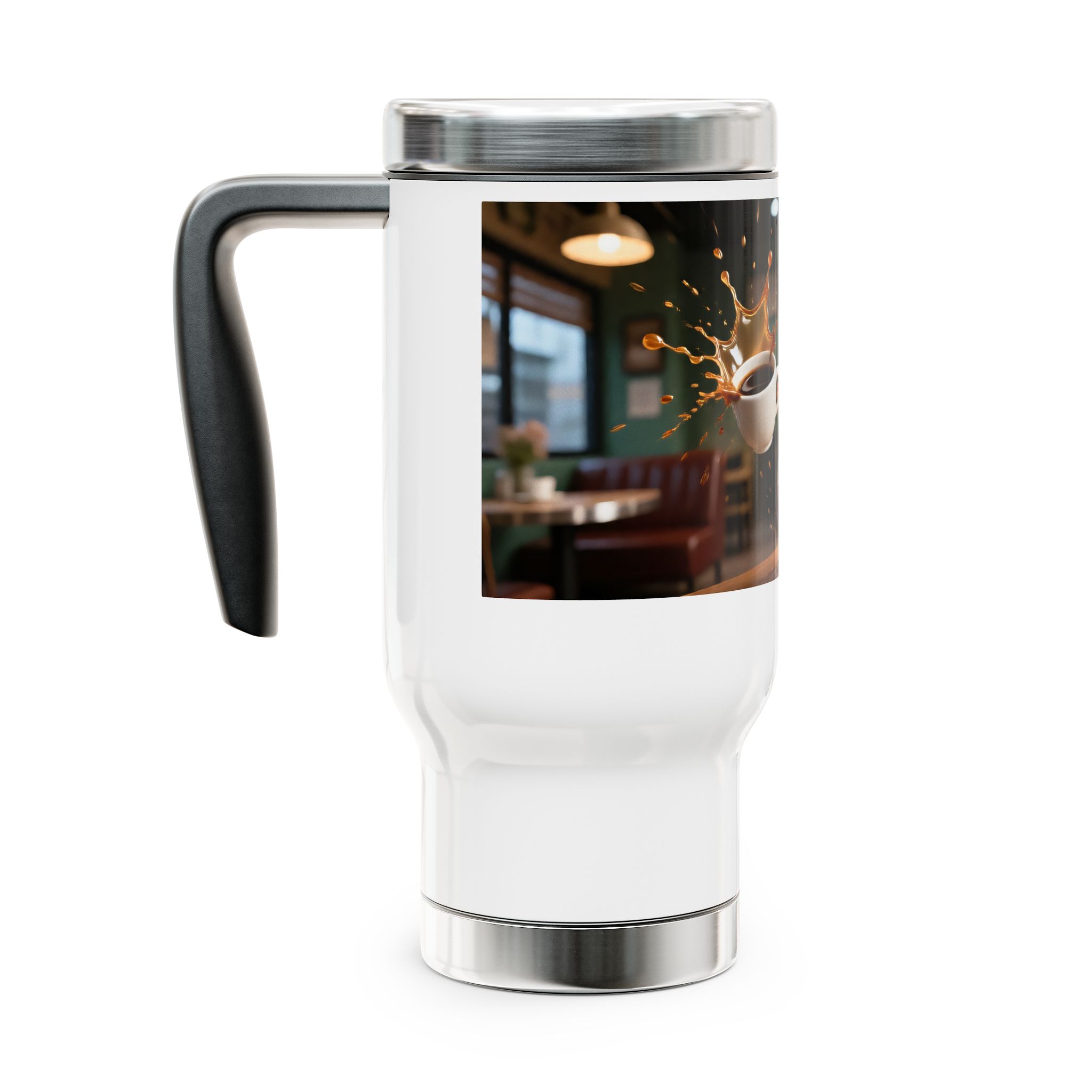 Labubu Coffee Mishap Travel Mug – 14oz Insulated Stainless Steel Tumbler with Handle A 14-ounce insulated stainless steel travel mug featuring a humorous Labubu Coffee Shop mishap design and a sturdy handle