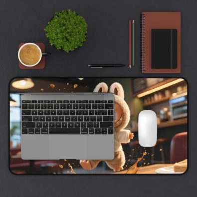 Large anti-slip mousepad featuring a humorous spilled coffee design with the word 'Labubu' and cat-themed graphics