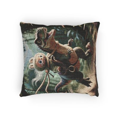 Woven dinosaur pillow in jungle pattern