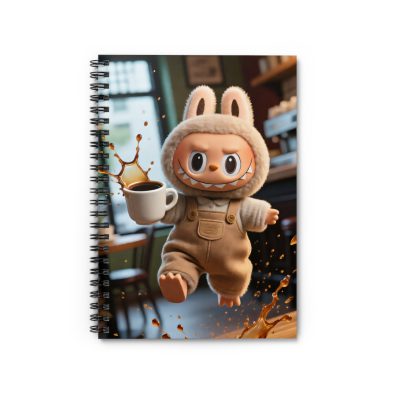 Spiral notebook featuring a clumsy character from the Coffee Shop Chaos series, with bold lettering and playful design