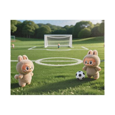 A colorful jigsaw puzzle featuring adorable animal characters playing soccer, designed for children