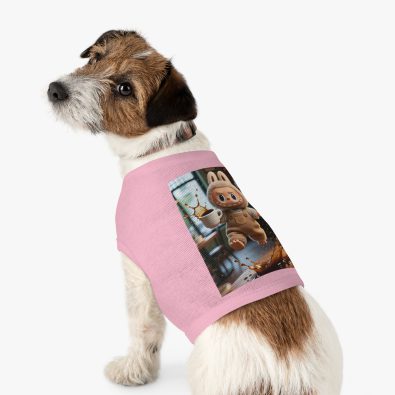 A stylish tank top featuring a playful Labubu doll and coffee cup graphic for pet lovers