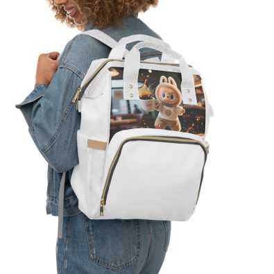 Labubu coffee spill diaper backpack in use by a parent carrying baby supplies