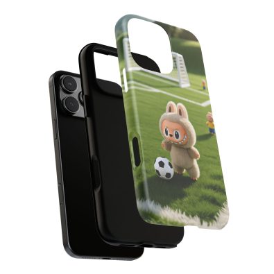 A colorful phone case featuring a playful bunny holding a soccer ball, designed for kids' phones