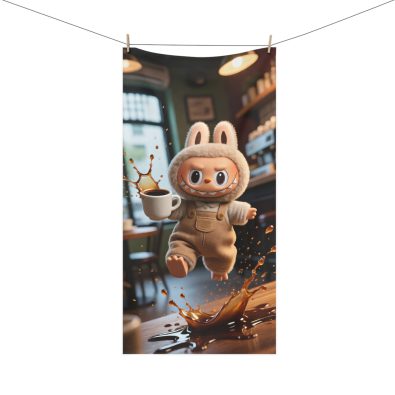 Plush Labubu character beach towel featuring a humorous spilled coffee scene