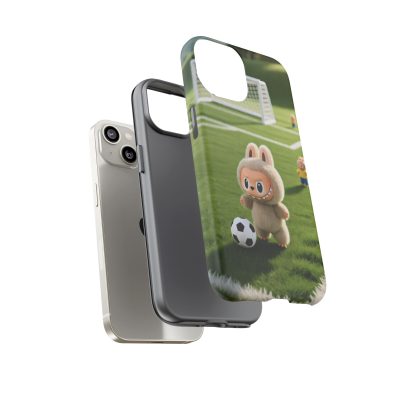A colorful phone case featuring a playful bunny holding a soccer ball, designed for kids and sports enthusiasts