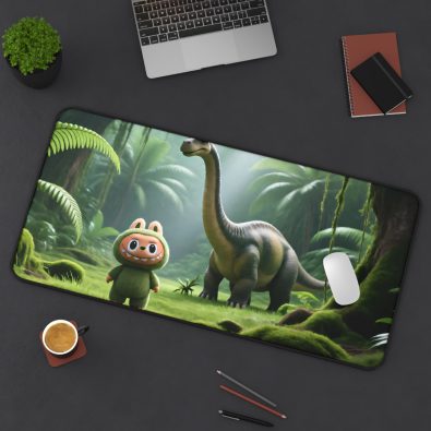 Labubu dinosaur-themed desk mat featuring a vibrant football field design with cartoon dinosaurs and cheering fans